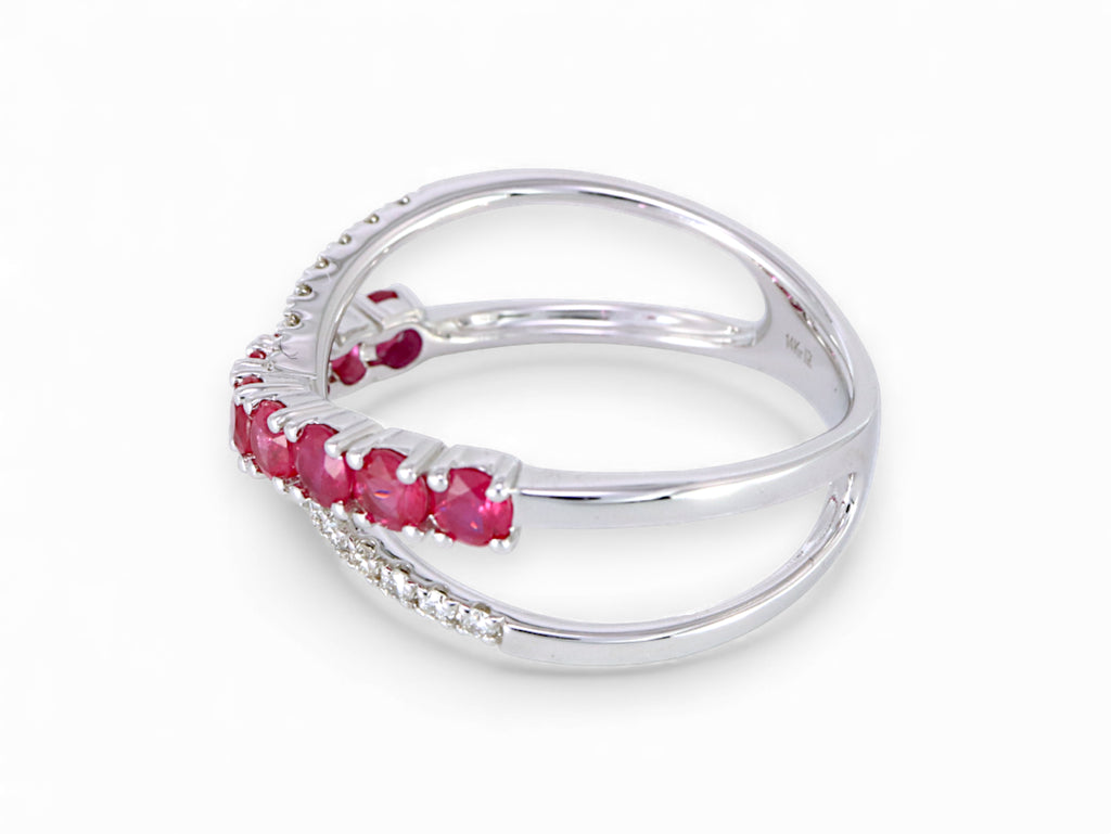 14K White Gold Ruby and Crisscross Diamond Ring