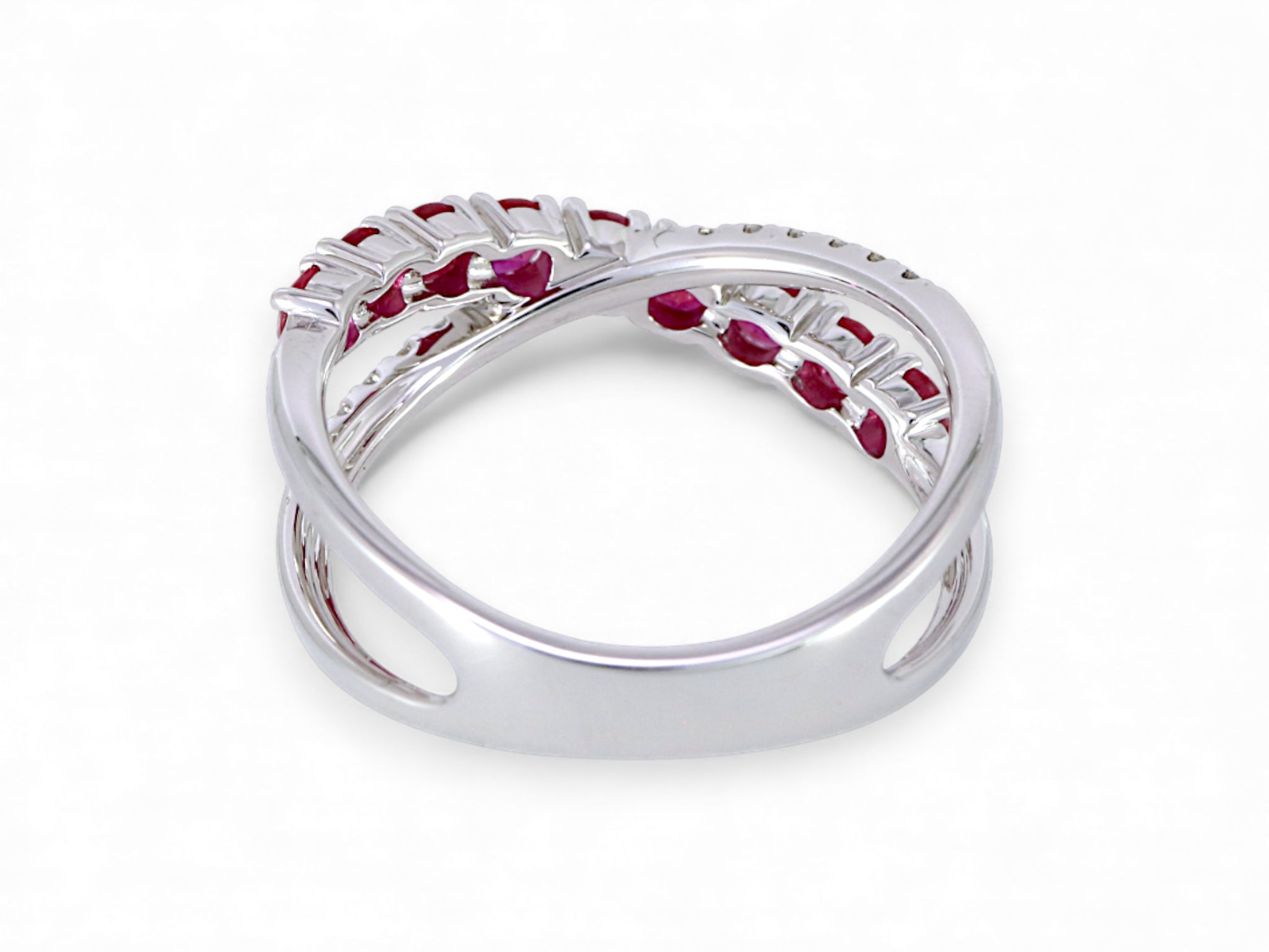 14K White Gold Ruby and Crisscross Diamond Ring