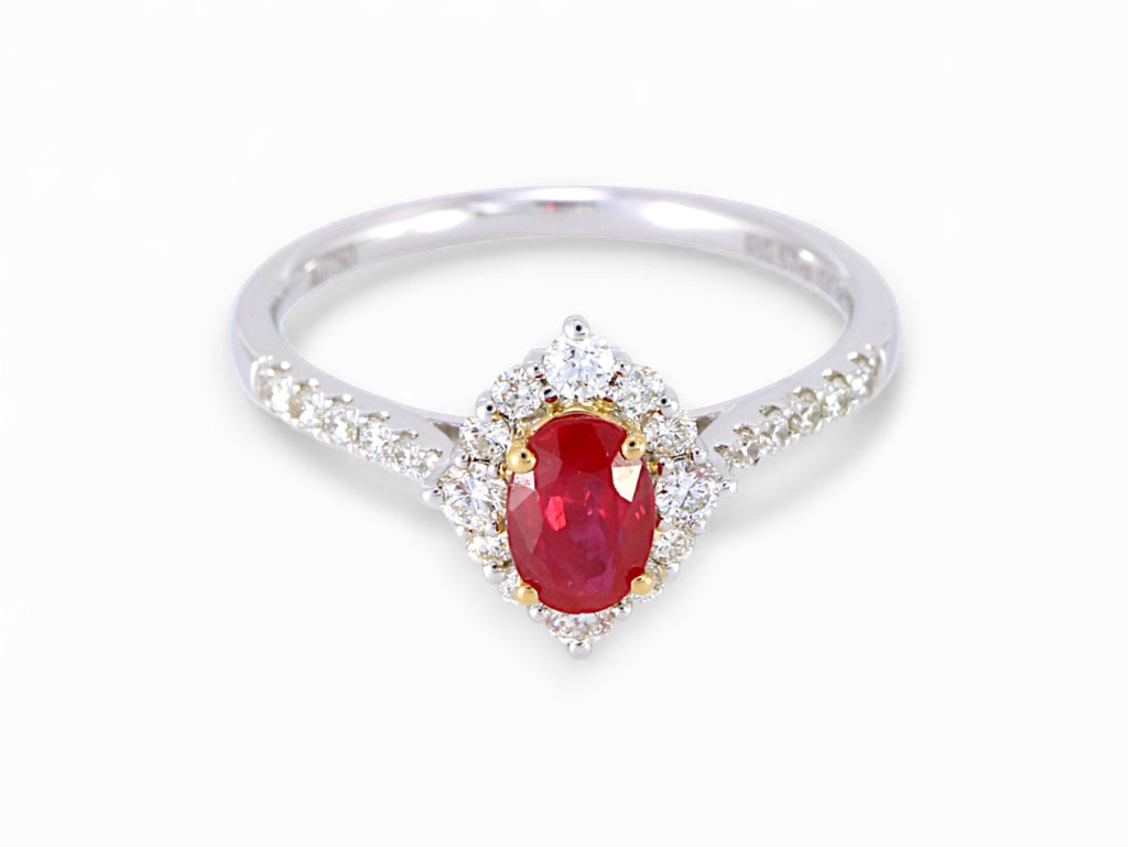 18K White and Yellow Gold Oval Cut Ruby with Diamond Halo Ring