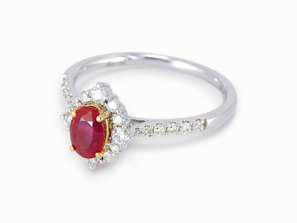 18K White and Yellow Gold Oval Cut Ruby with Diamond Halo Ring