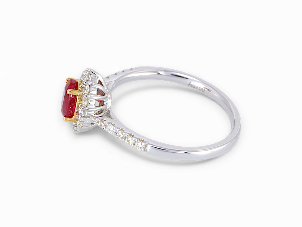 18K White and Yellow Gold Oval Cut Ruby with Diamond Halo Ring