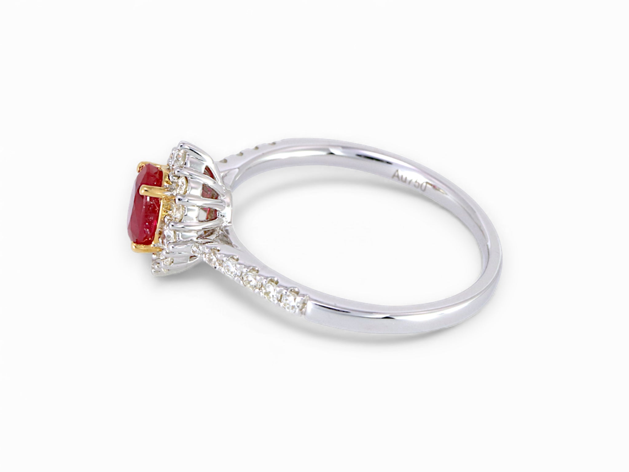 18K White and Yellow Gold Oval Cut Ruby with Diamond Halo Ring