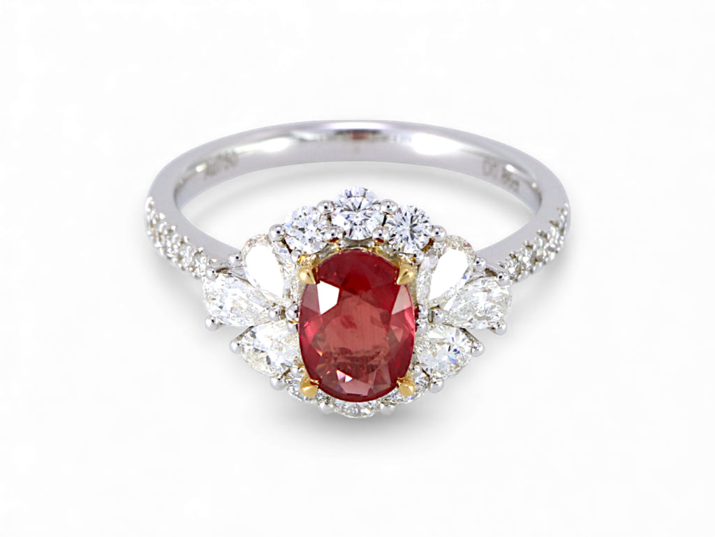 18K White and Yellow Gold Oval Cut Ruby with Pear Cut Diamond Halo Ring