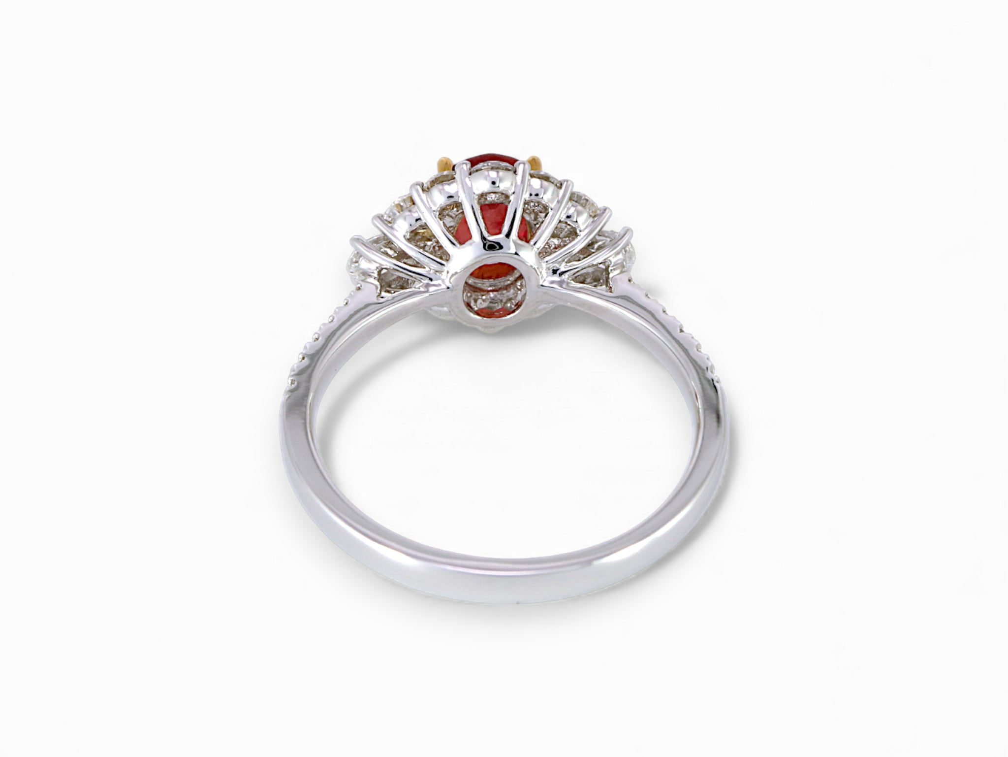 18K White and Yellow Gold Oval Cut Ruby with Pear Cut Diamond Halo Ring