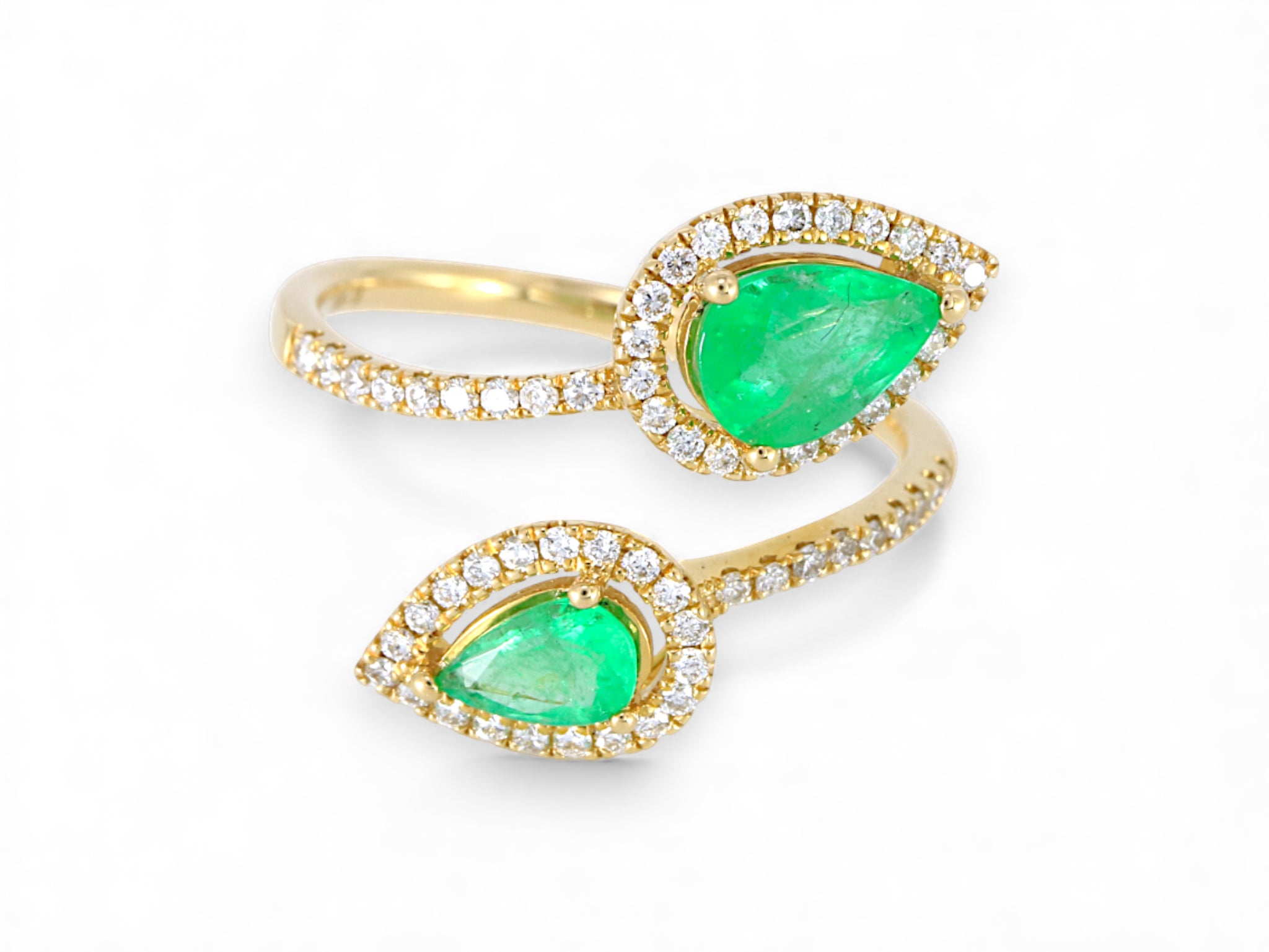 14K Yellow Gold Pear Cut Emerald with Diamond Halo Open Ring