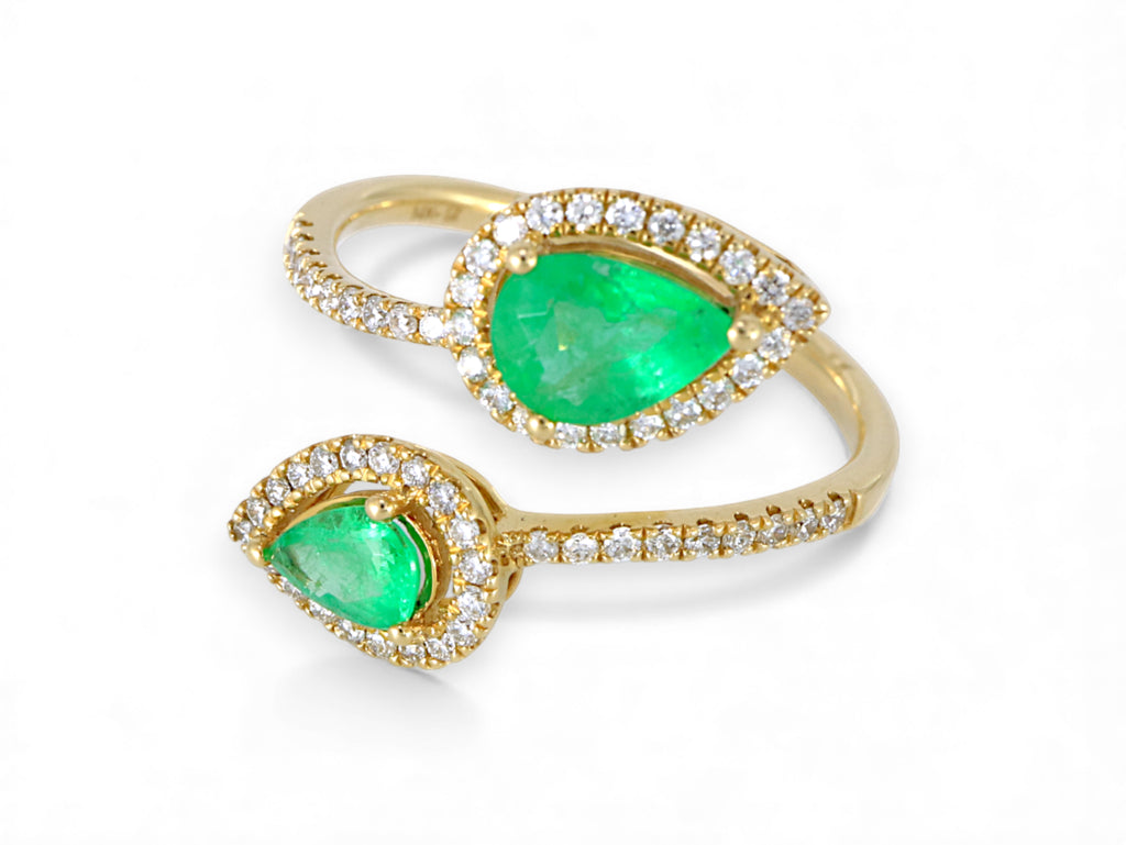 14K Yellow Gold Pear Cut Emerald with Diamond Halo Open Ring
