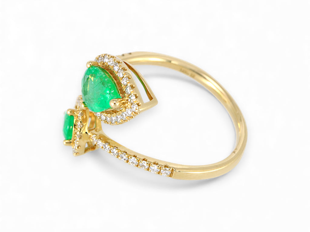 14K Yellow Gold Pear Cut Emerald with Diamond Halo Open Ring