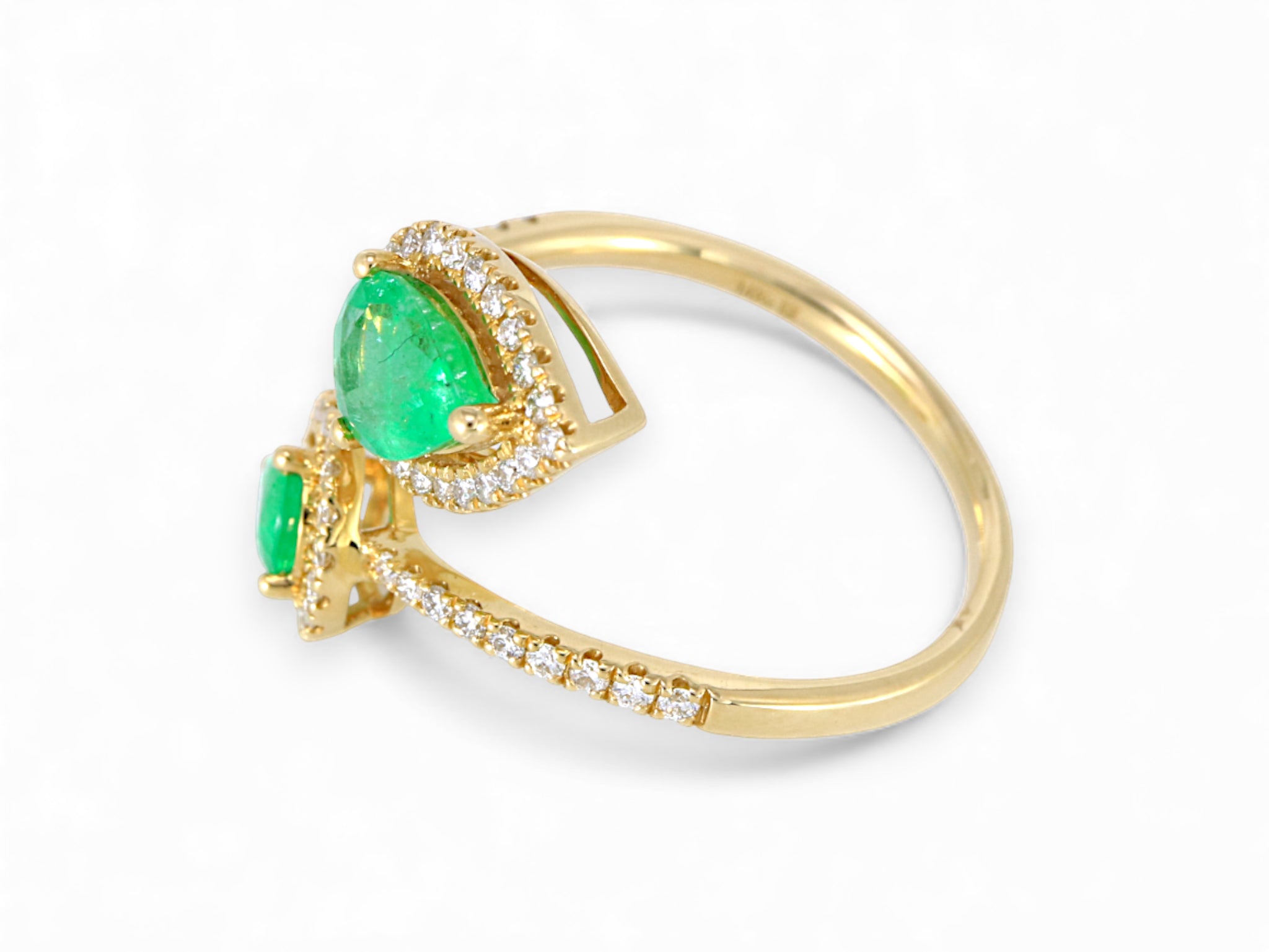 14K Yellow Gold Pear Cut Emerald with Diamond Halo Open Ring