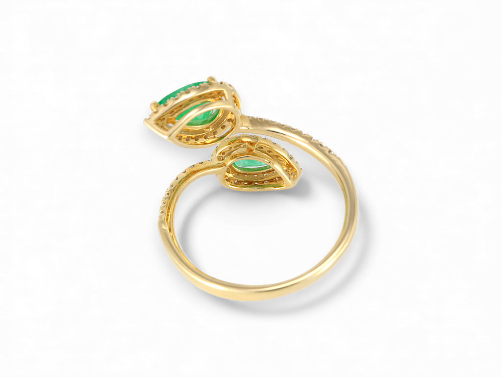 14K Yellow Gold Pear Cut Emerald with Diamond Halo Open Ring