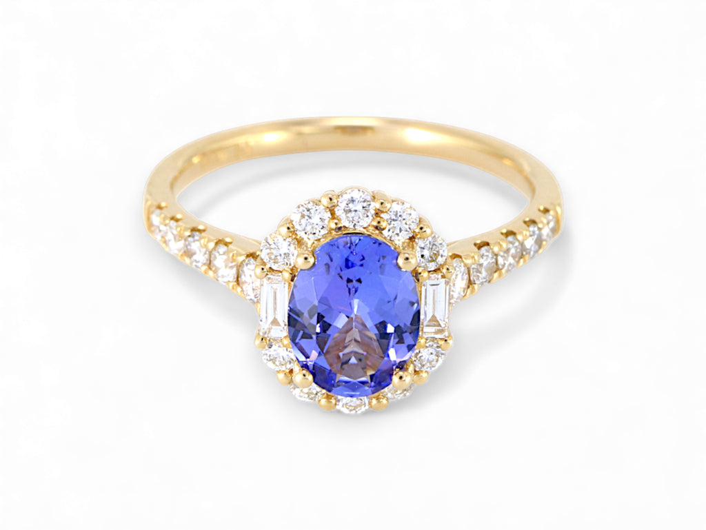 14K Yellow Gold Oval Cut Tanzanite with Baguette Diamond Halo Ring