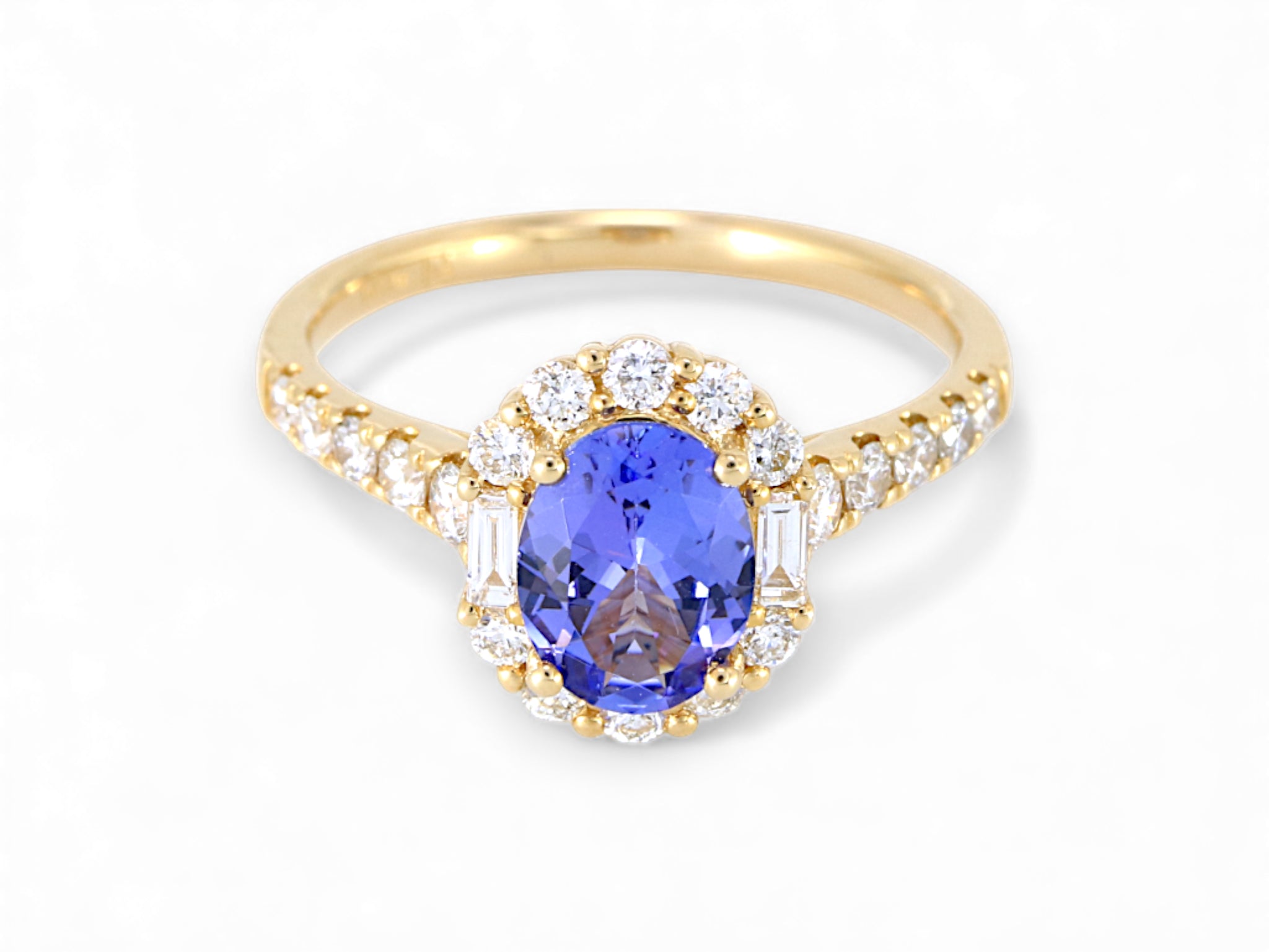 14K Yellow Gold Oval Cut Tanzanite with Baguette Diamond Halo Ring