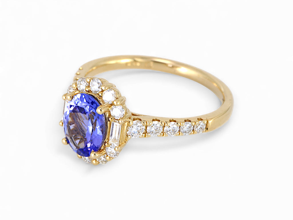 14K Yellow Gold Oval Cut Tanzanite with Baguette Diamond Halo Ring
