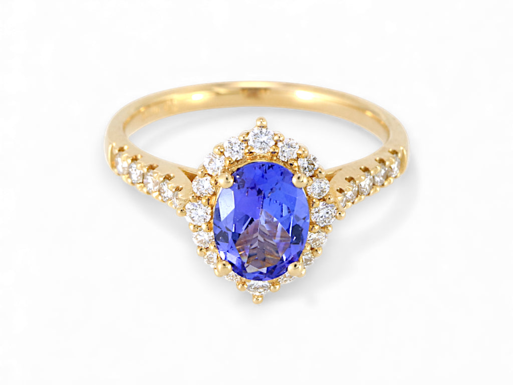 14K Yellow Gold Oval Cut Tanzanite with Diamond Halo Ring