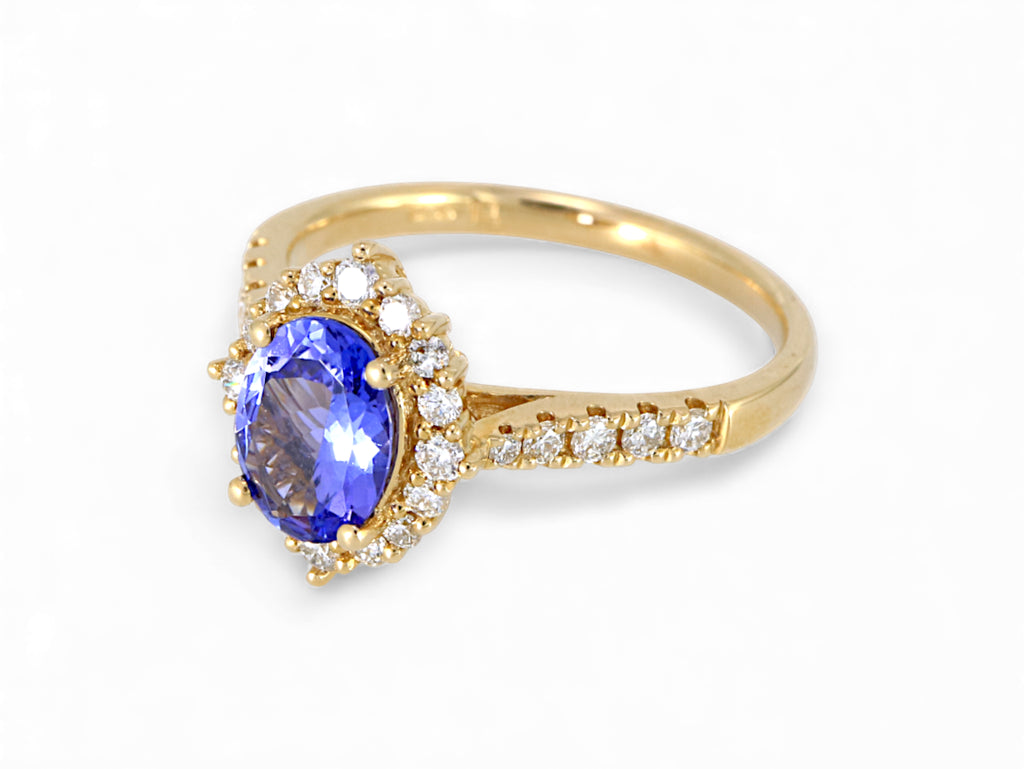 14K Yellow Gold Oval Cut Tanzanite with Diamond Halo Ring