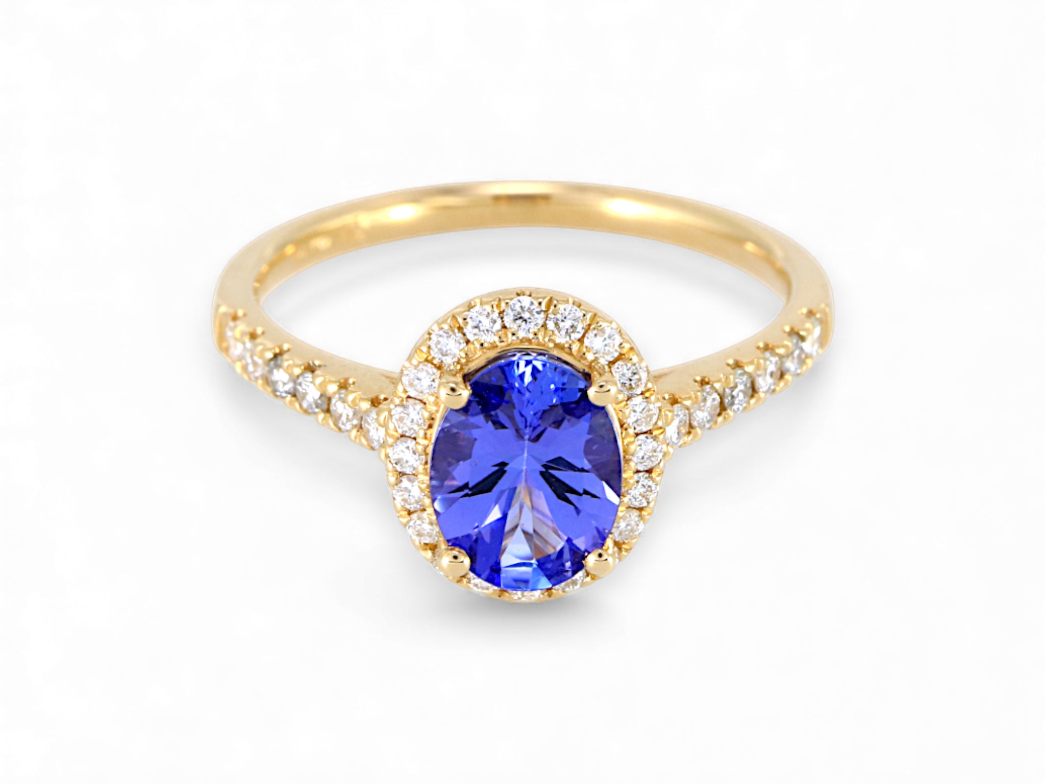 14K Yellow Gold Oval Cut Tanzanite with Diamond Halo Ring
