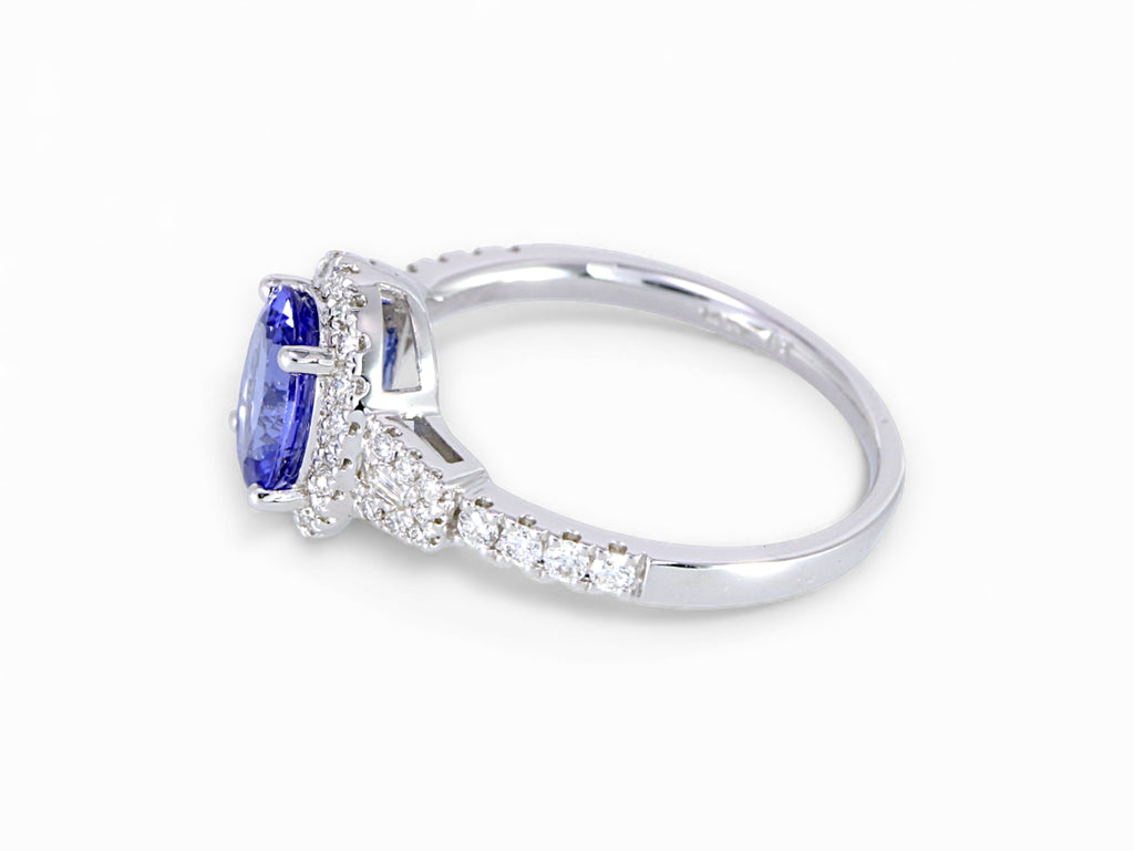 14K White Gold Oval Cut Tanzanite with Taper Diamond Halo Ring
