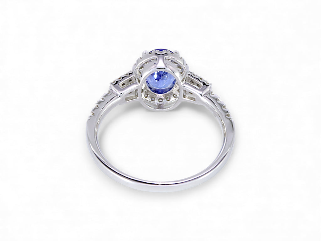 14K White Gold Oval Cut Tanzanite with Taper Diamond Halo Ring