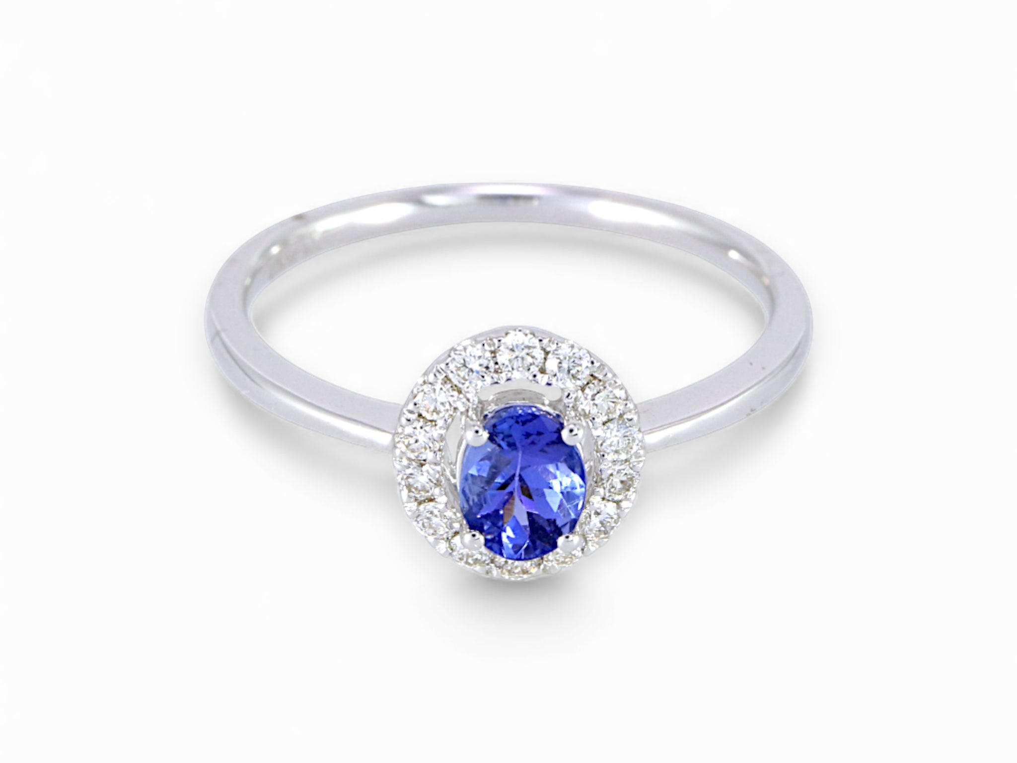 14K White Gold Oval Cut Tanzanite with Diamond Halo Ring