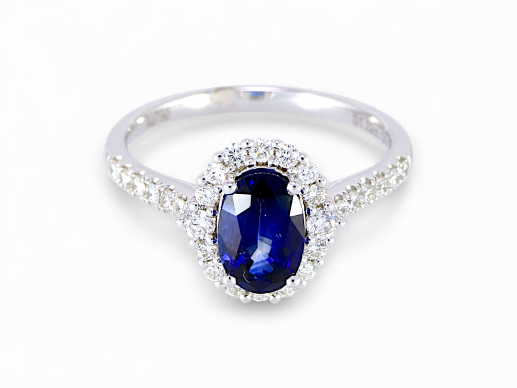 18K White Gold Oval Cut Sapphire with Diamond Halo Ring