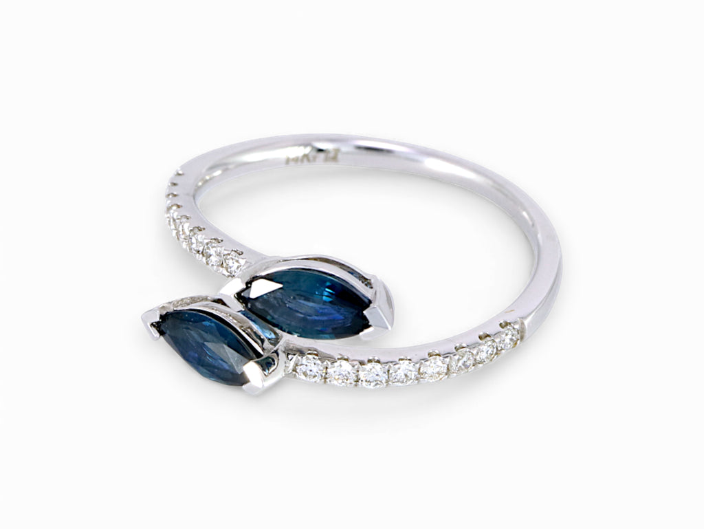 14K White Gold Marquise Cut Sapphire with Diamond Open Ring