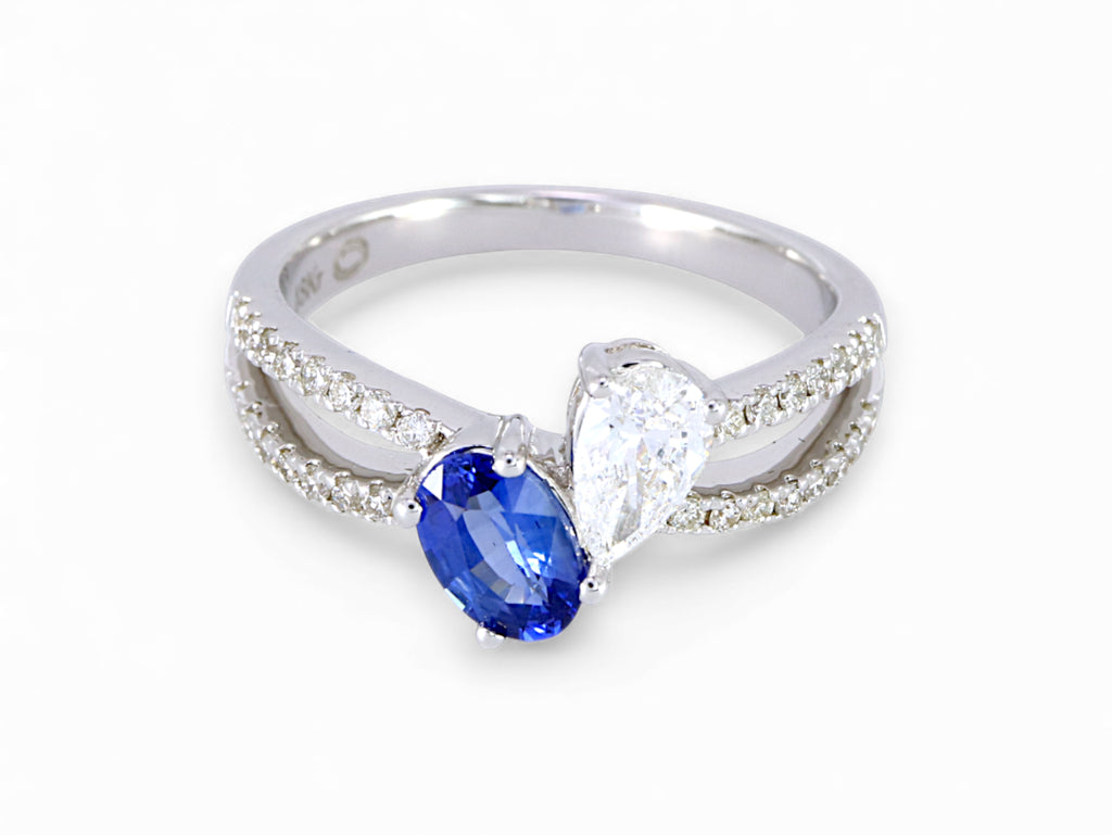 18K White Gold Oval Cut Sapphire and Pear Cut Diamond Ring