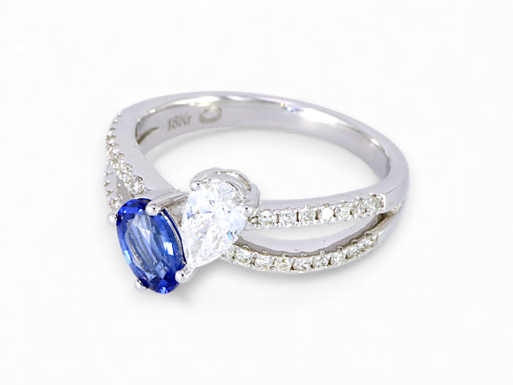 18K White Gold Oval Cut Sapphire and Pear Cut Diamond Ring