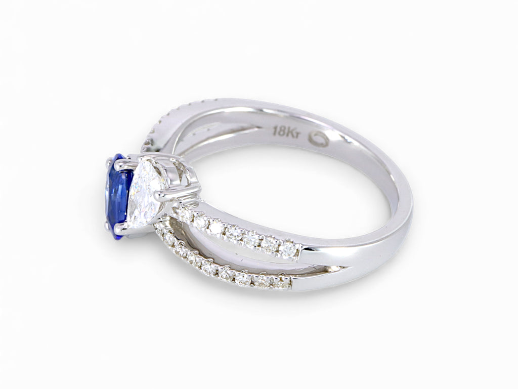 18K White Gold Oval Cut Sapphire and Pear Cut Diamond Ring
