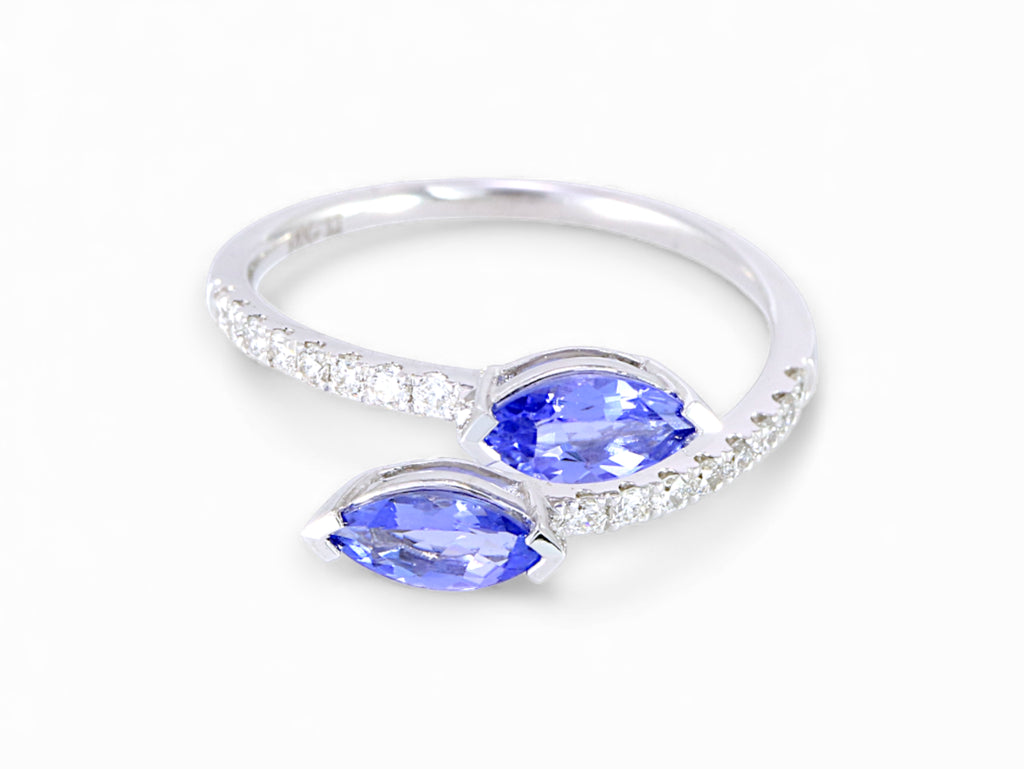 14K White Gold Marquise Cut Tanzanite with Diamond Open Ring