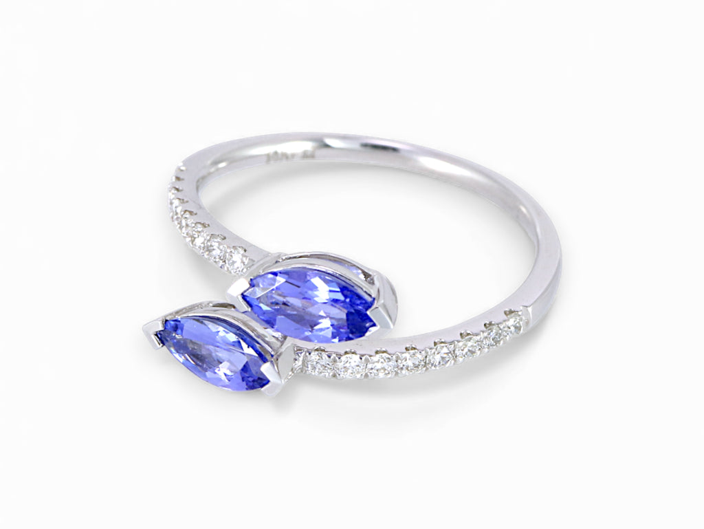 14K White Gold Marquise Cut Tanzanite with Diamond Open Ring