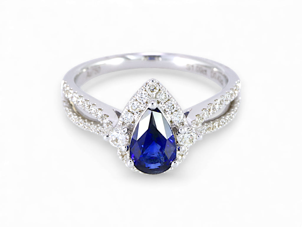 18K White Gold Pear Cut Sapphire with Diamond Halo Ring