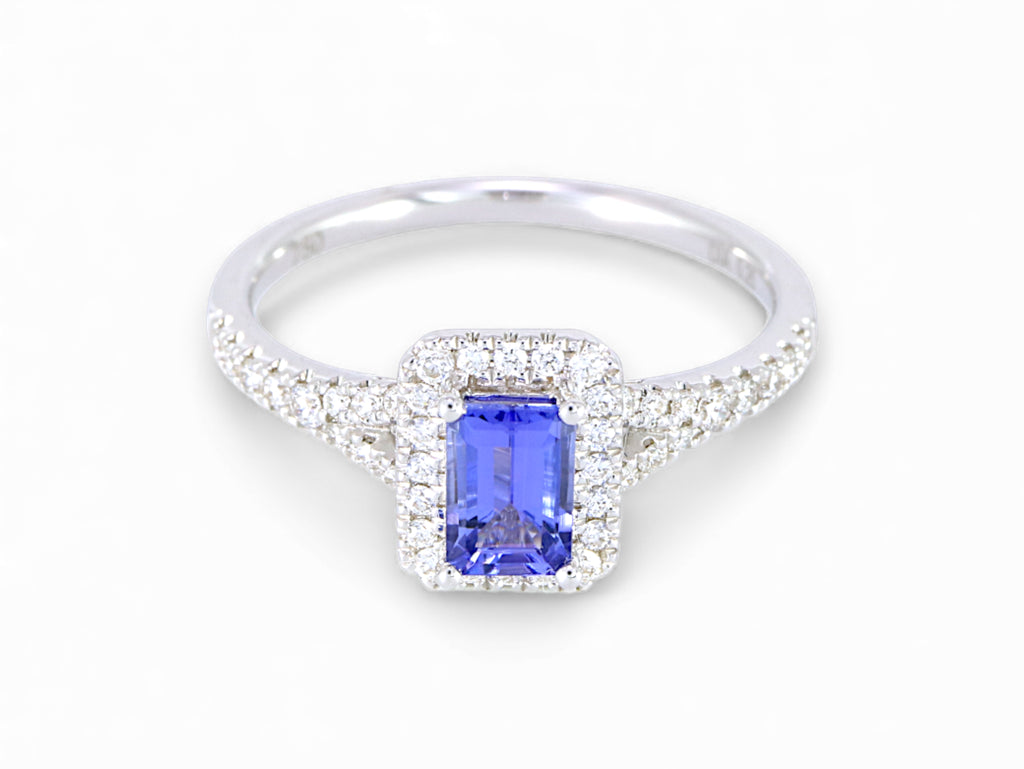 18K White Gold Baguette Cut Tanzanite with Diamond Halo Ring