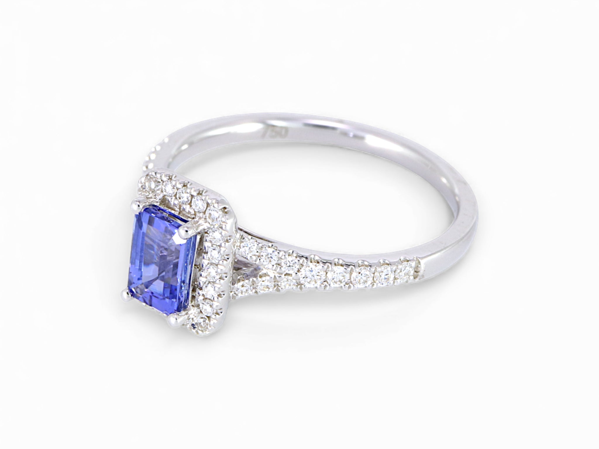 18K White Gold Baguette Cut Tanzanite with Diamond Halo Ring