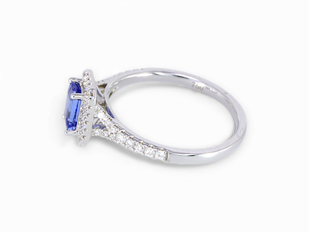 18K White Gold Baguette Cut Tanzanite with Diamond Halo Ring