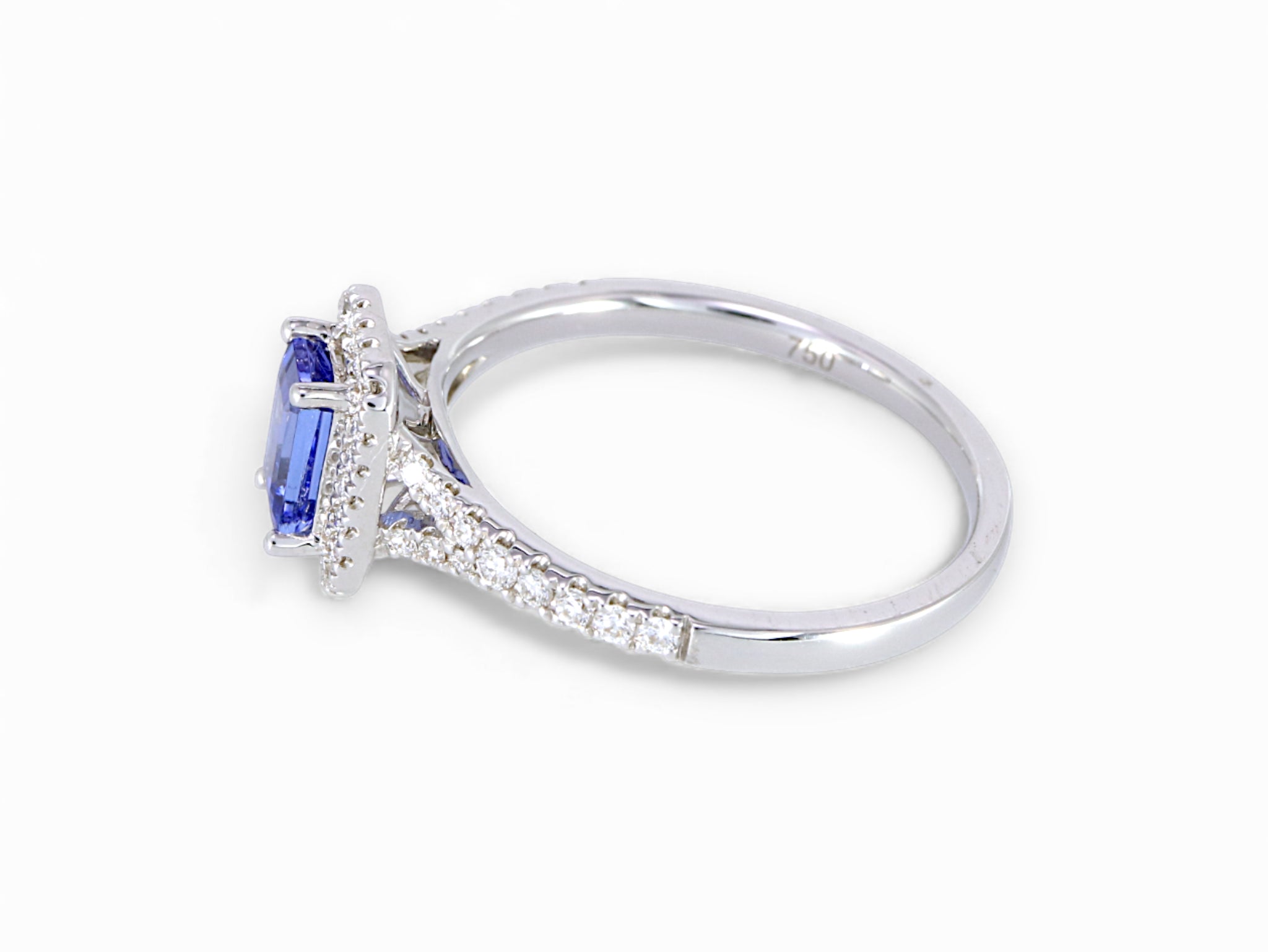 18K White Gold Baguette Cut Tanzanite with Diamond Halo Ring