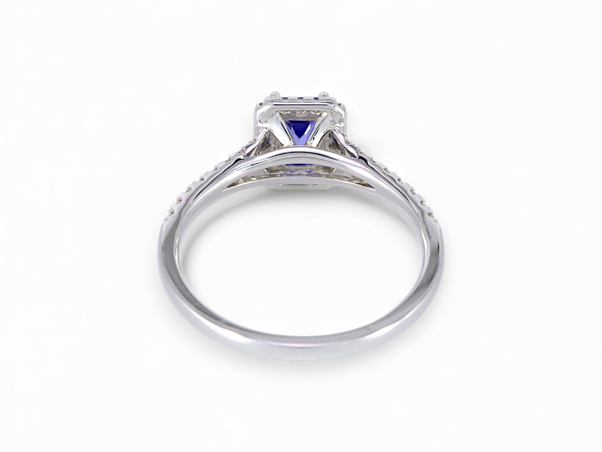18K White Gold Baguette Cut Tanzanite with Diamond Halo Ring