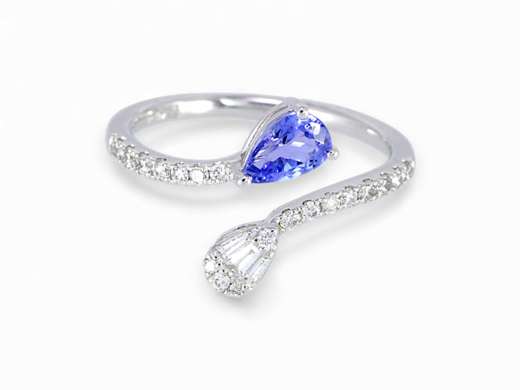 14K White Gold Pear Cut Tanzanite and Taper Diamond Ring