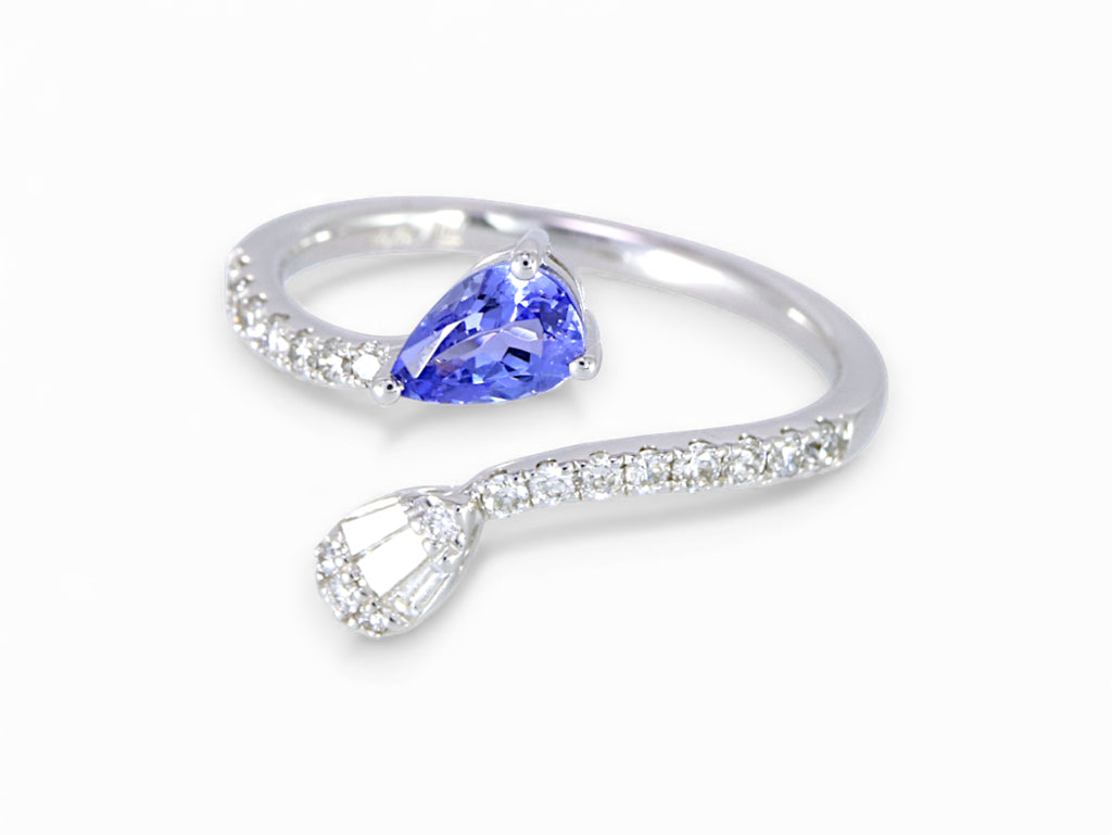 14K White Gold Pear Cut Tanzanite and Taper Diamond Ring