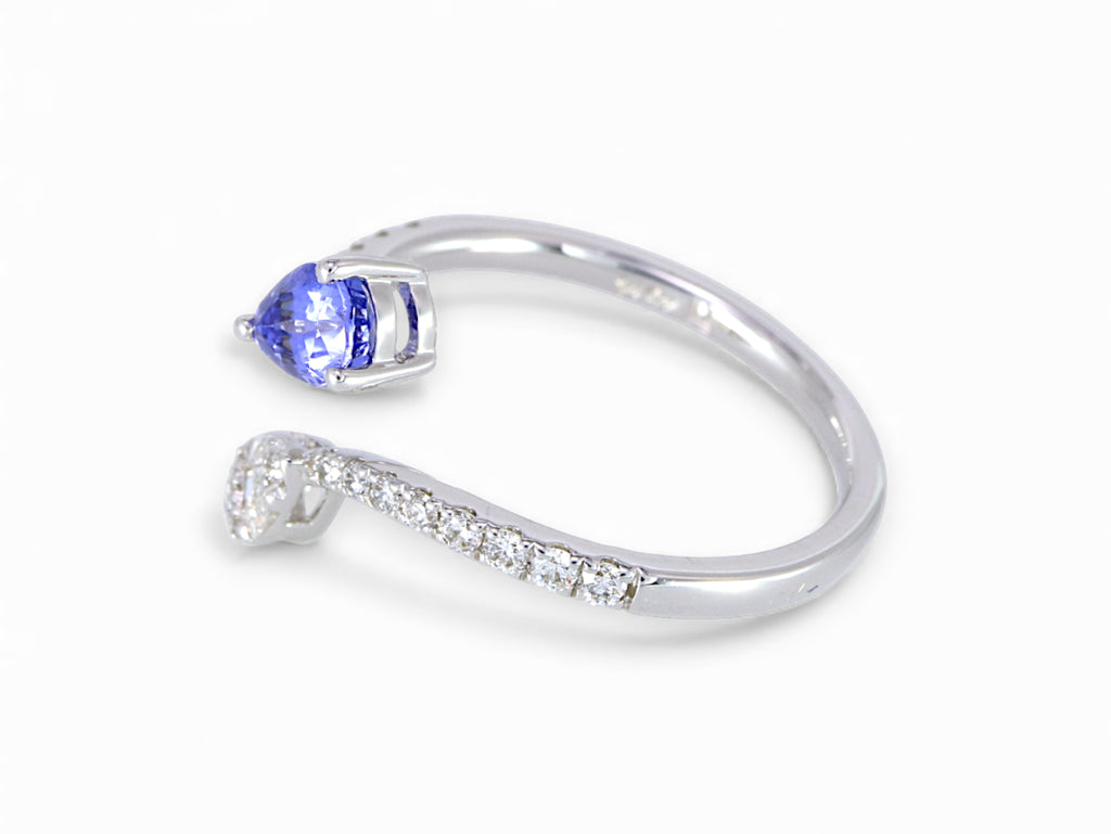 14K White Gold Pear Cut Tanzanite and Taper Diamond Ring