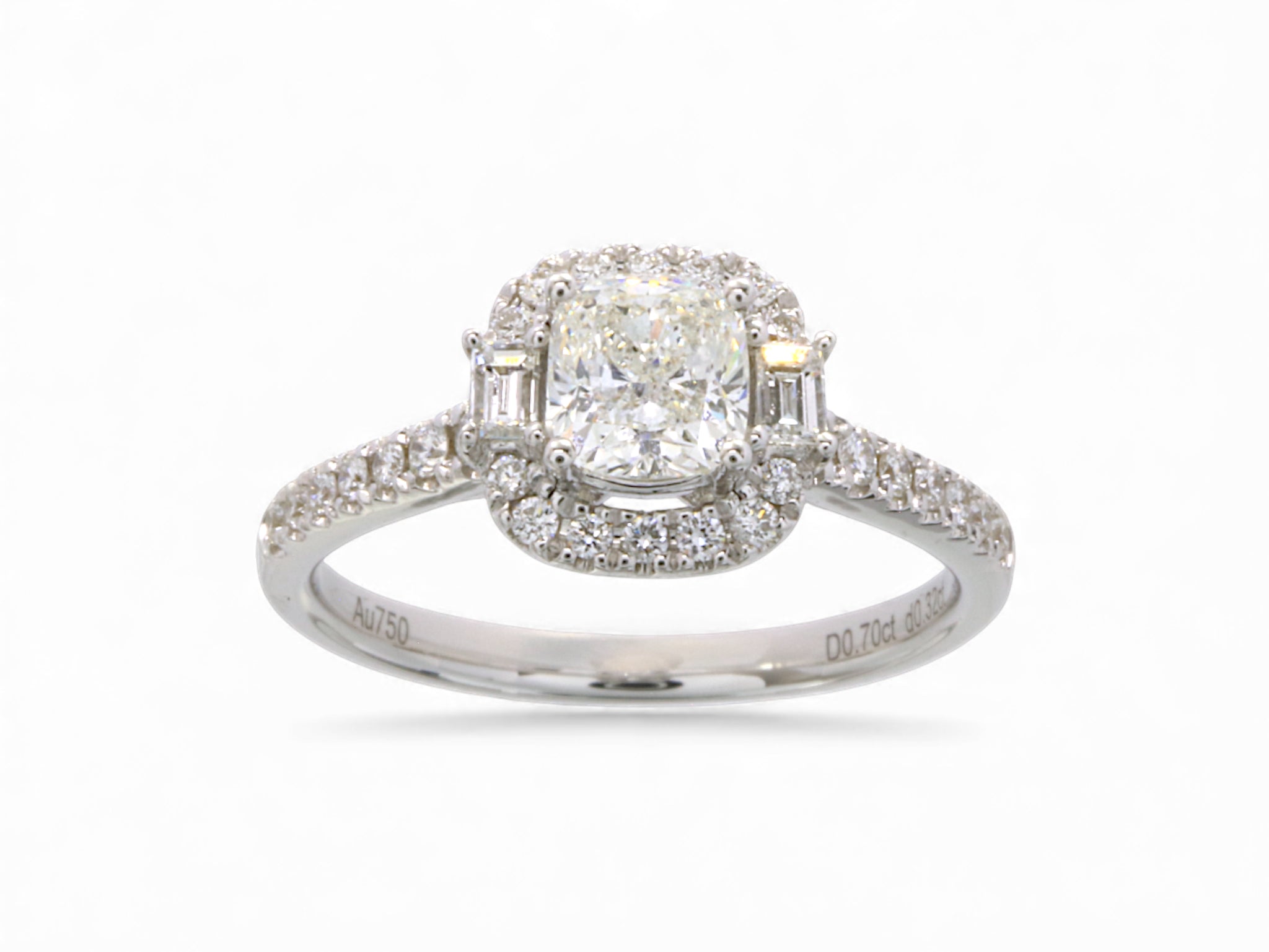 18K White Gold Cushion Baguette Cut Diamond Engagement Ring