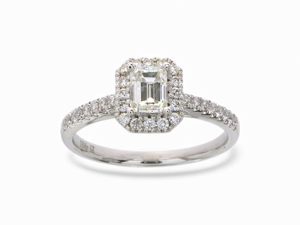 18K White Gold Baguette Cut Diamond Halo Engagement Ring