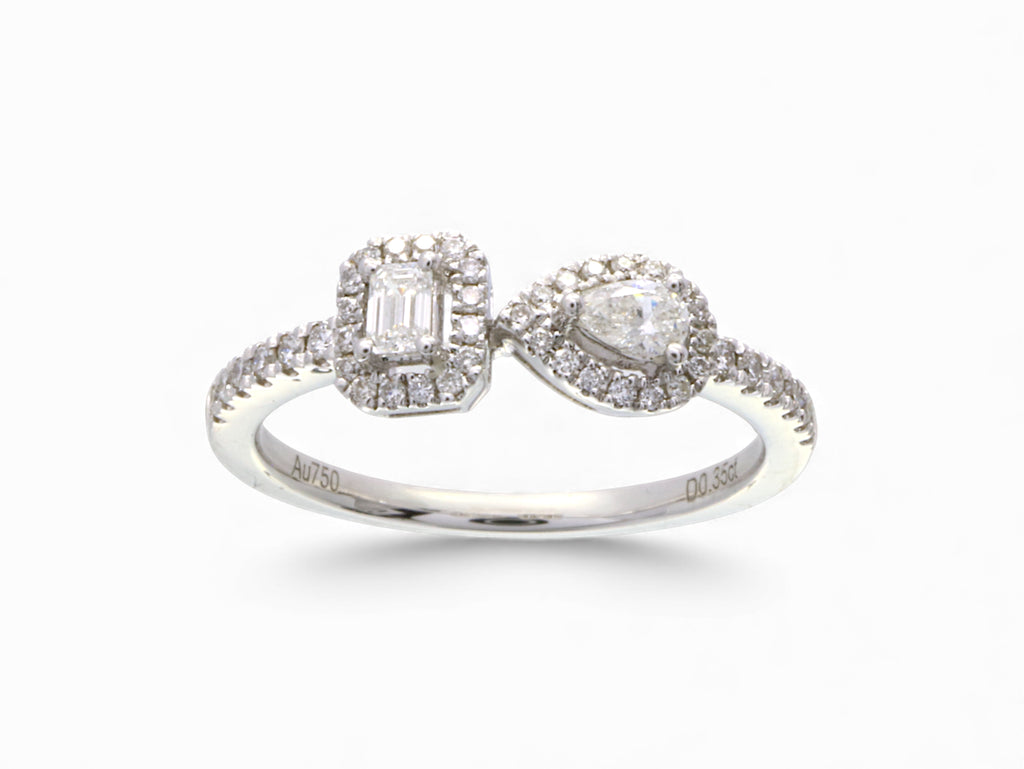 18K White Gold Baguette Pear Cut Diamond Halo Ring