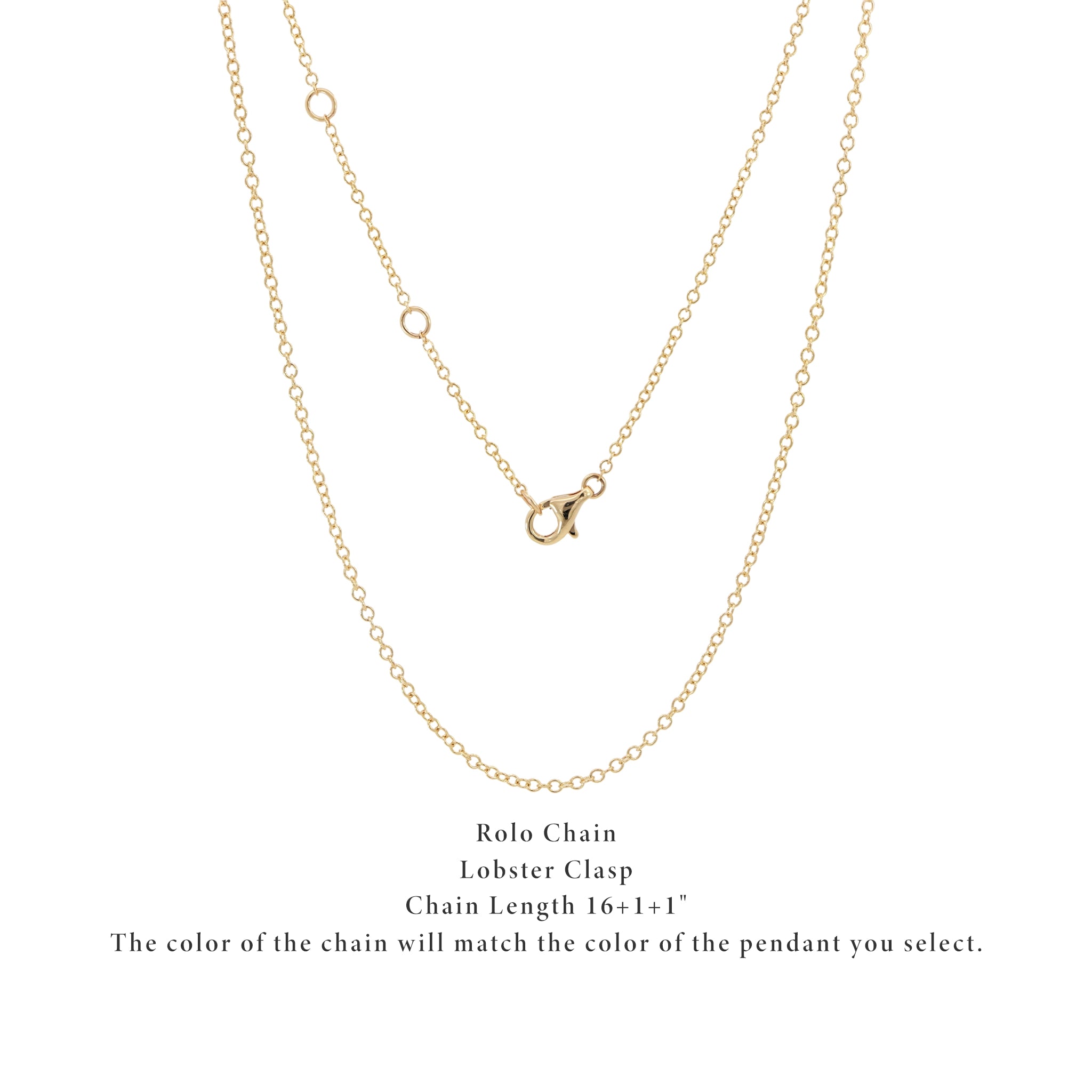 Gold rolo chain necklace with lobster clasp on a white background