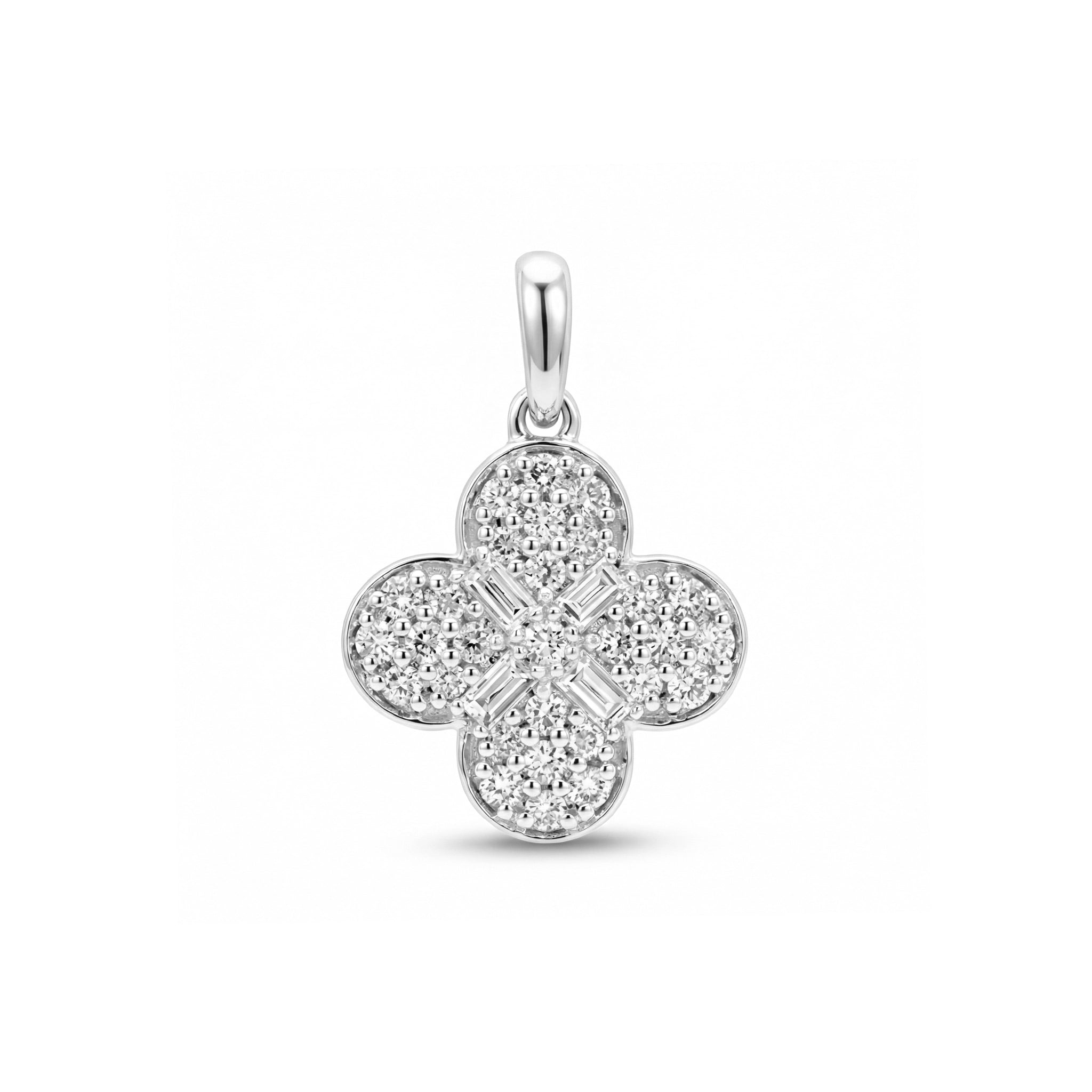BeBling 14K Yellow Gold Diamond 4 Leaf Clover Pendant front view - white gold