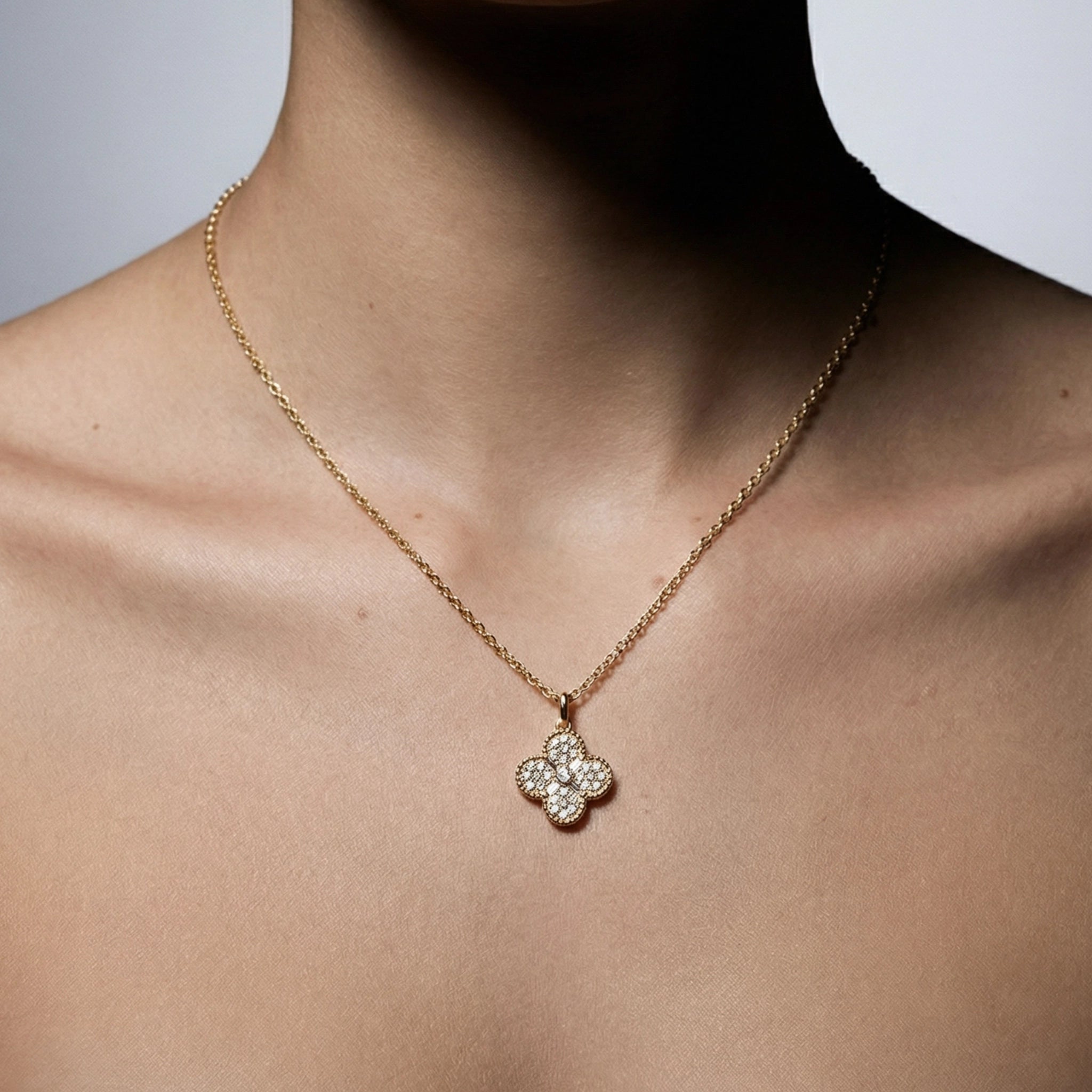 BeBling 14K Yellow Gold Diamond 4 Leaf Clover Pendant Necklace on neck