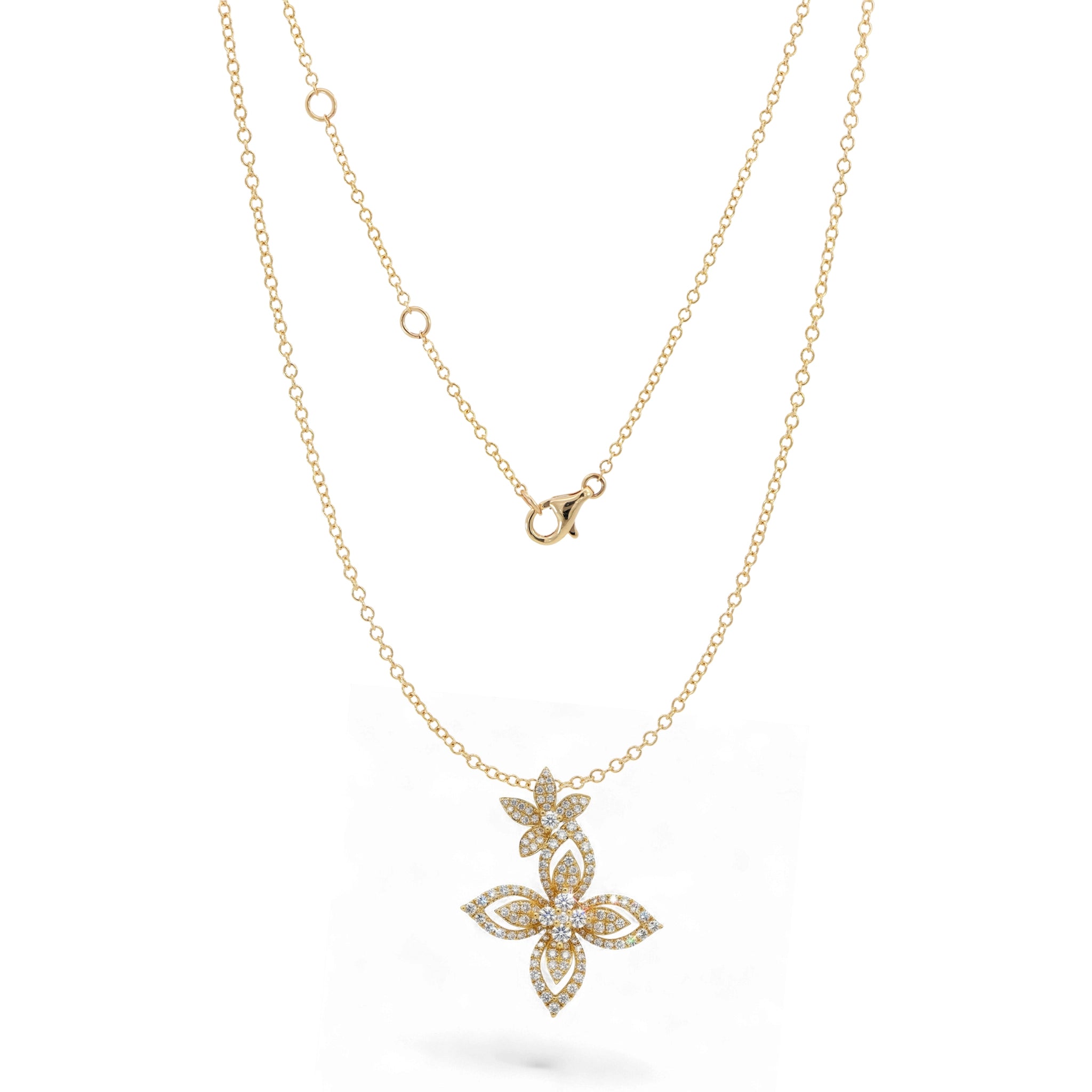 BeBling 14K Yellow Gold Diamond Double Flower Pendant Necklace front view