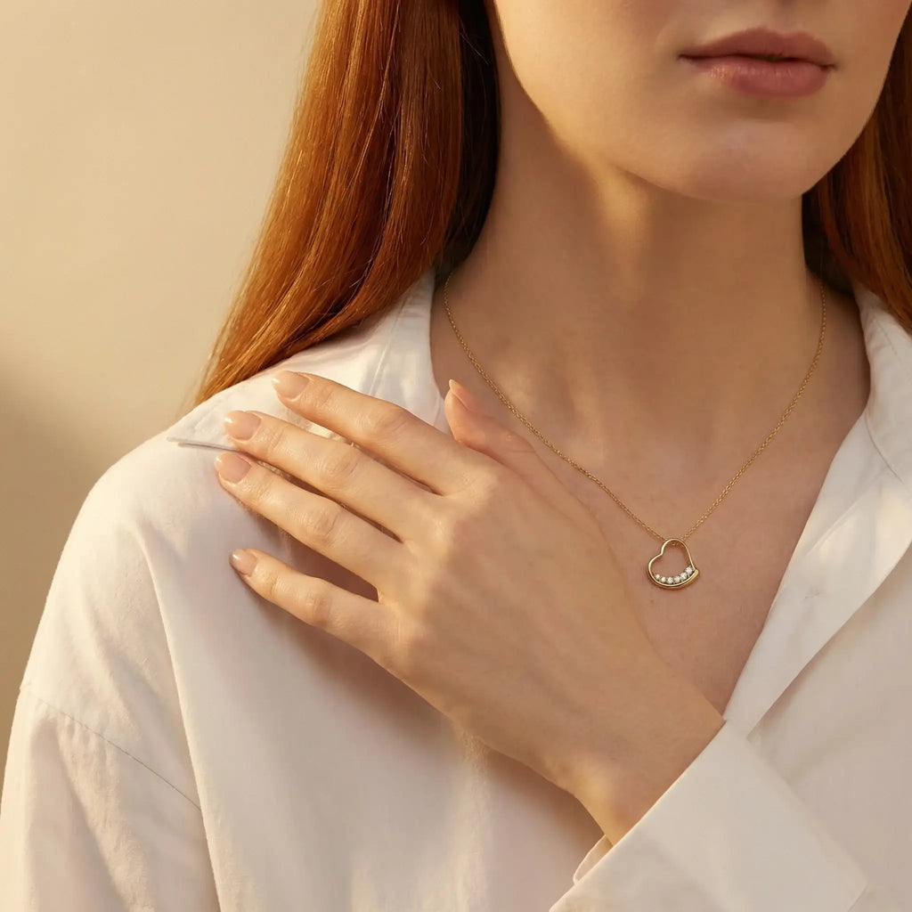14K Yellow Gold Diamond Smooth Heart Pendant - women wearing