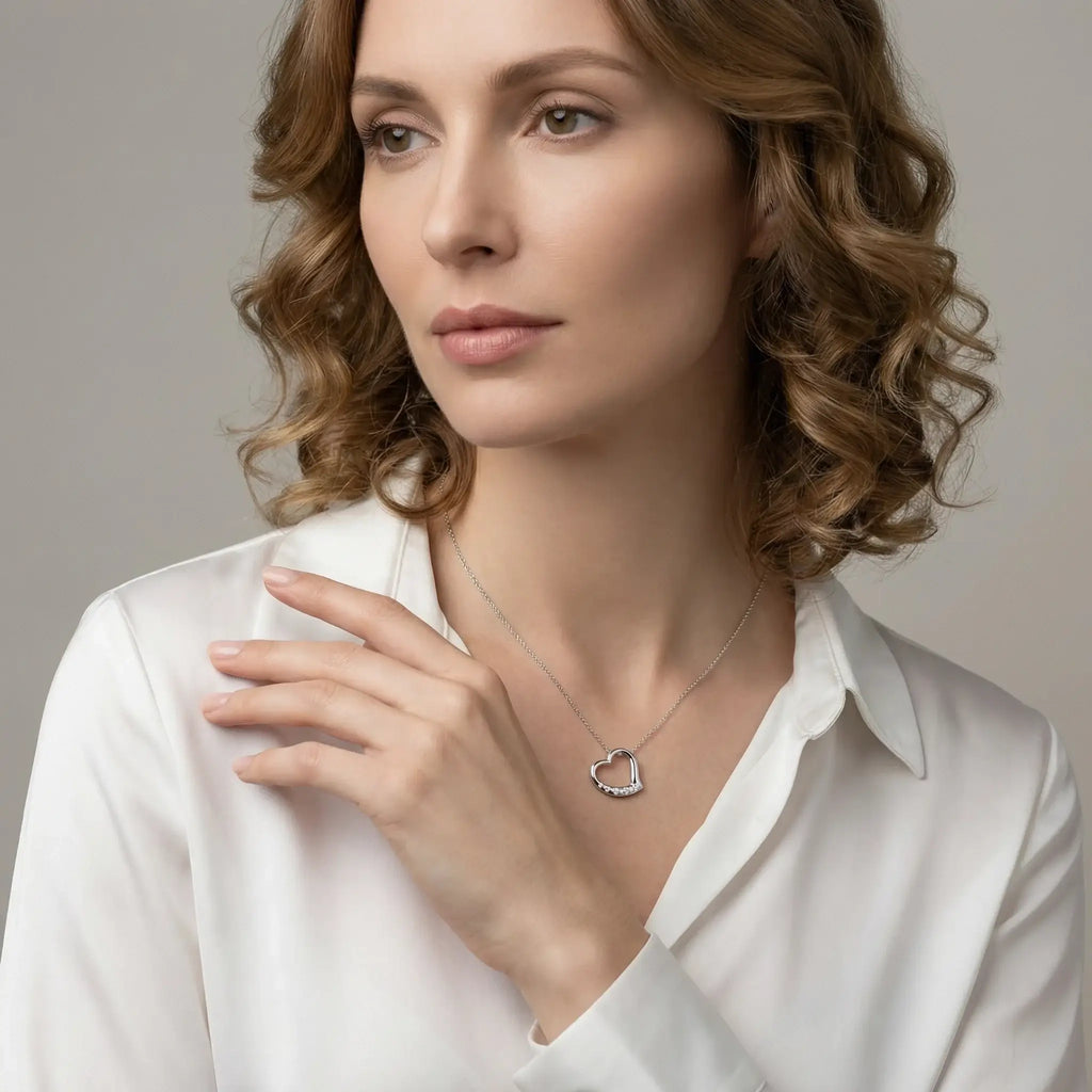 14K White Gold Diamond Smooth Heart Pendant - women wearing