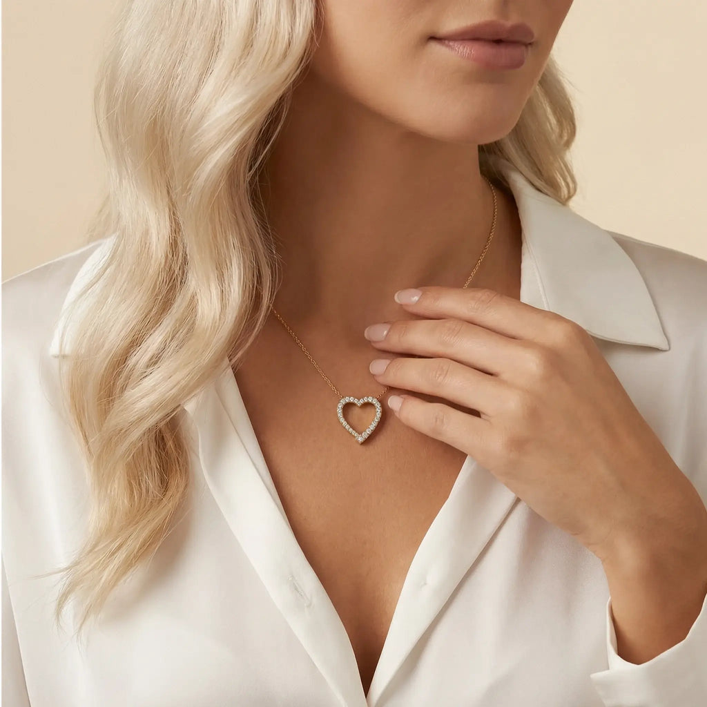 14K Yellow Gold Diamond Heart Pendant - women wearing