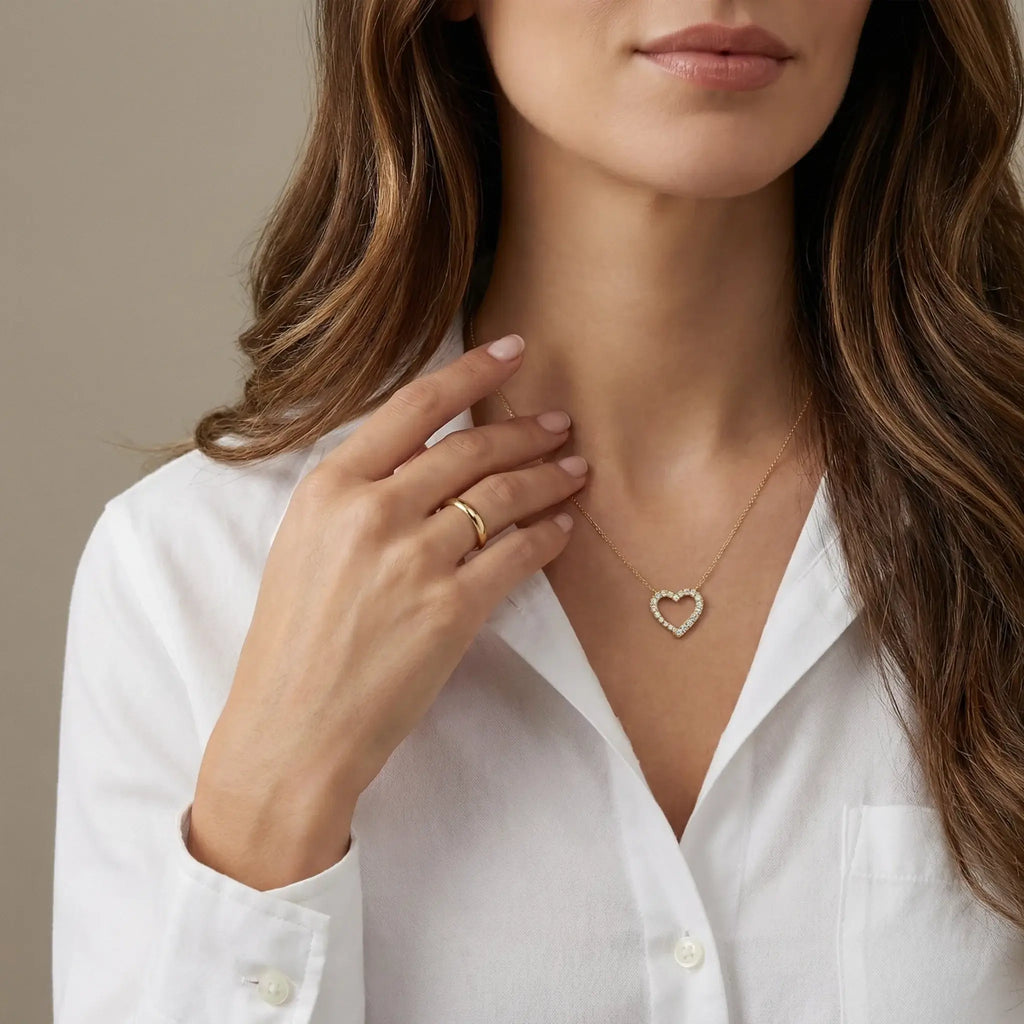 14K Yellow Gold Diamond Heart Pendant - women wearing