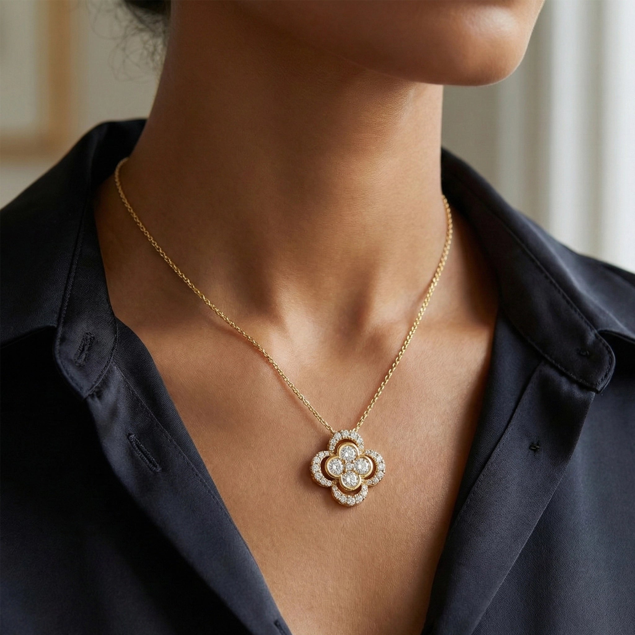 14K Yellow Gold Diamond 4 Leaf Clover Pendant